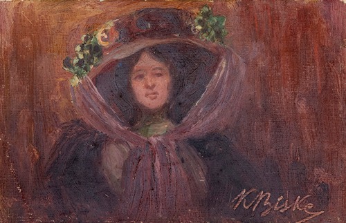 Bust of a woman in a large hat with flowers