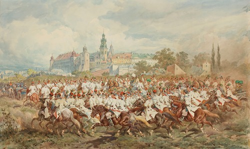 Emperor Franz Joseph I surrounded by the Krakow banderia supplied by Adam Tański at Błonia during the ceremonial entry to Krakow on 1 September 1880