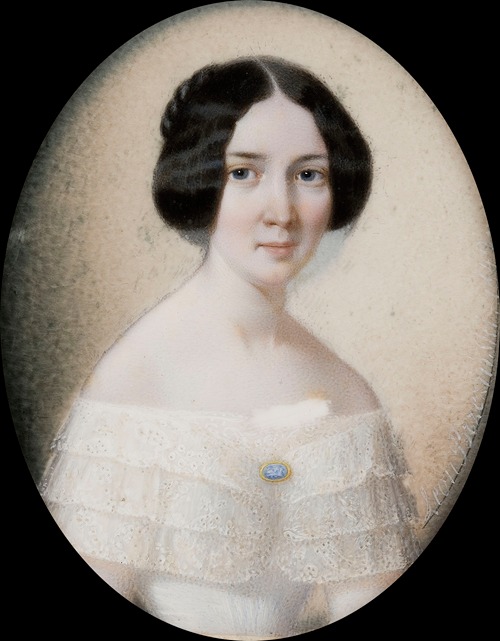 Portrait de femme en robe à l’encolure des dentelles de berthe.