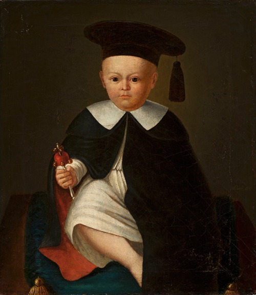 Child in a cap and a gown with a rattle in hand
