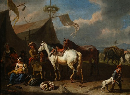 Scene in a military camp with a breastfeeding woman and a boy playing with a dog