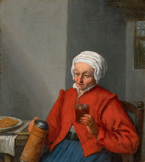 A woman holding a jug and a glass of beer, in an interior