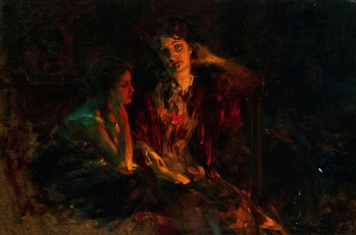 Mother and daughter in the glow of the stove
