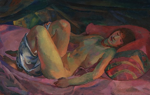 Weiblicher Akt auf rotem Divan