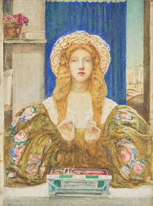 A young woman opening a jewel casket