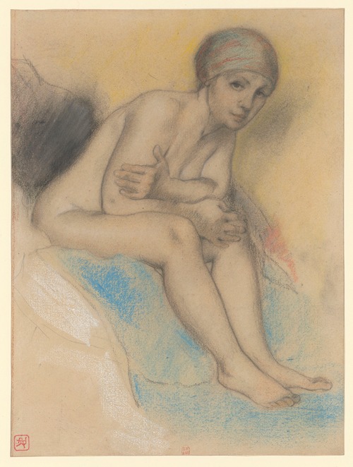 Femme nue assise, un bonnet sur la tête.