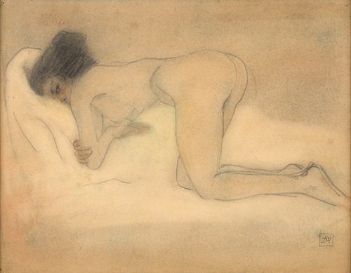Naked woman squatting