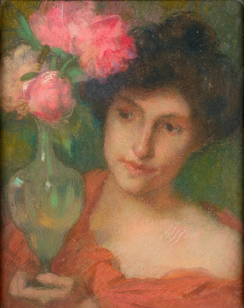 Woman with bouquet of peonies