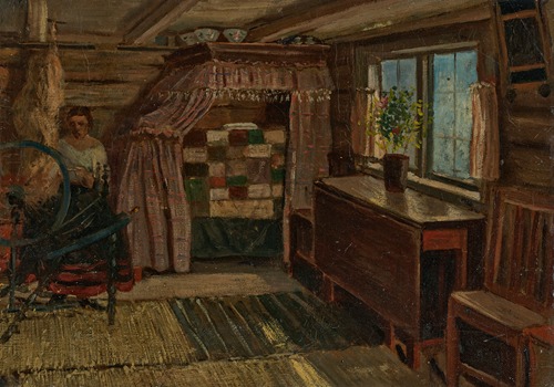 Interior of a Cottage (Stuginteriörer); A Woman spinning