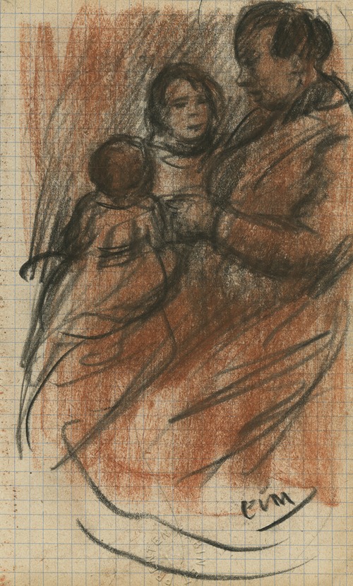 Een zittende vrouw met 2 kinderen op haar schoot