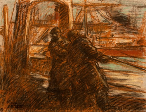 Havenarbeiders meren een schip