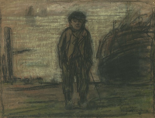 Jongen op klompen bij de Schelde