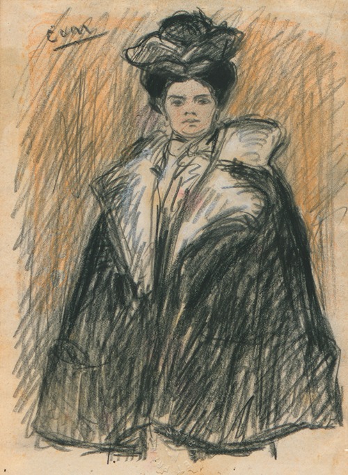 Staande vrouw met winterjas en hoed, portret