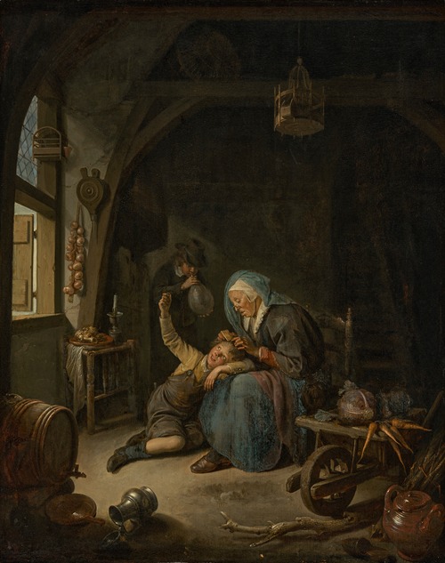 A cottage interior with an old woman (‘Rembrandt’s Mother’) delousing a boy’s hair