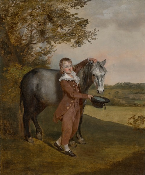 A young boy, holding a pony and hat, in a landscape