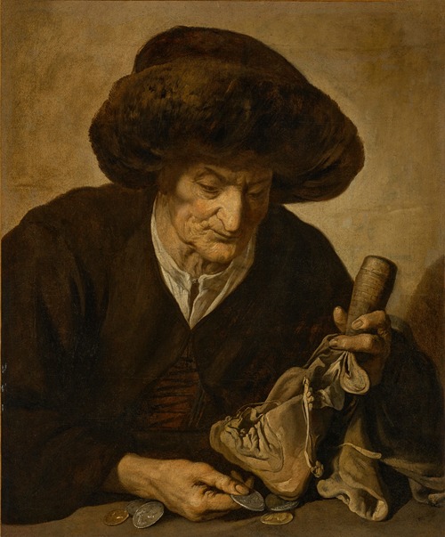 An elderly woman counting coins