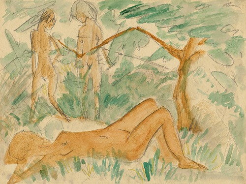 Großer liegender und kleine stehende Akte in Landschaft