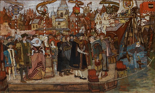 De burgemeester verwelkomt de kapitein van de schepen komende van de Canarische eilanden in 1508