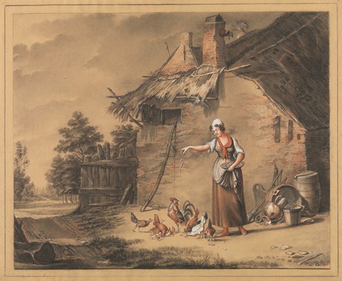 Woman feed chickens