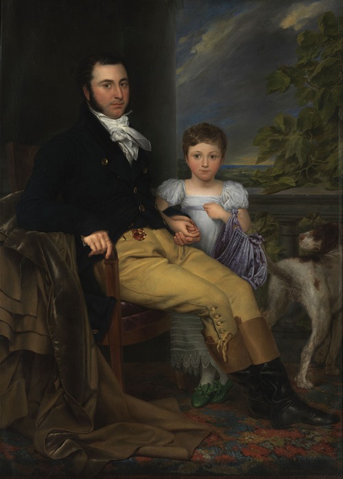 Portrait of a prominent Gentleman with his Daughter and a Hunting Dog