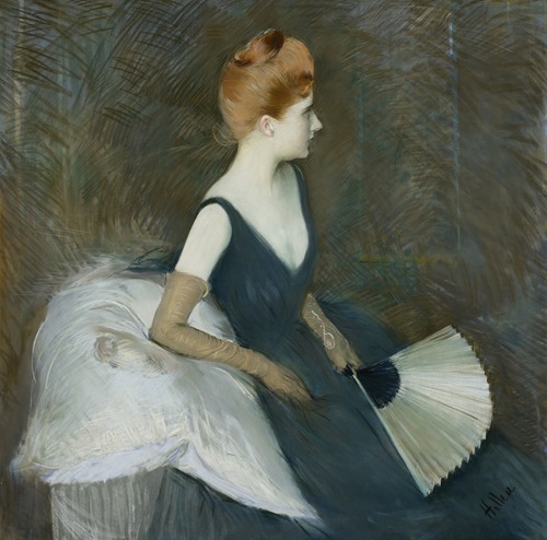 Madame Marthe Letellier Sitting on a Sofa, Holding a Fan