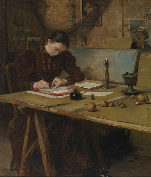 Portret van Cobi Arntzenius-Witsen in het atelier op Ewijkshoeve