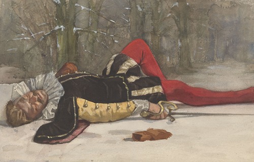 Toneelscène met getroffen duellist in een boslaan