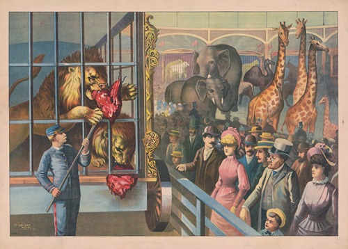 An animal keeper feeding raw meat to lions in a circus cage as spectators watch