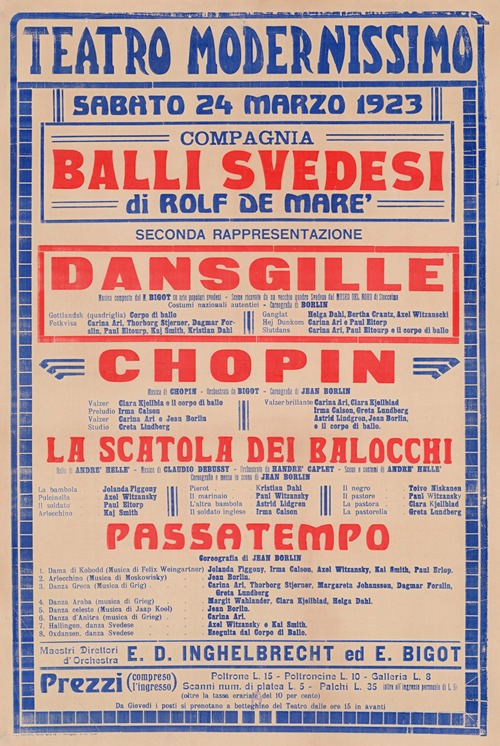 Teatro Modernissimo (Bologna), sabbato 24 marzo 1923, compagnia Balli svedesi di Rolf de Maré, seconda rappresentazione, Dansgille, Chopin
