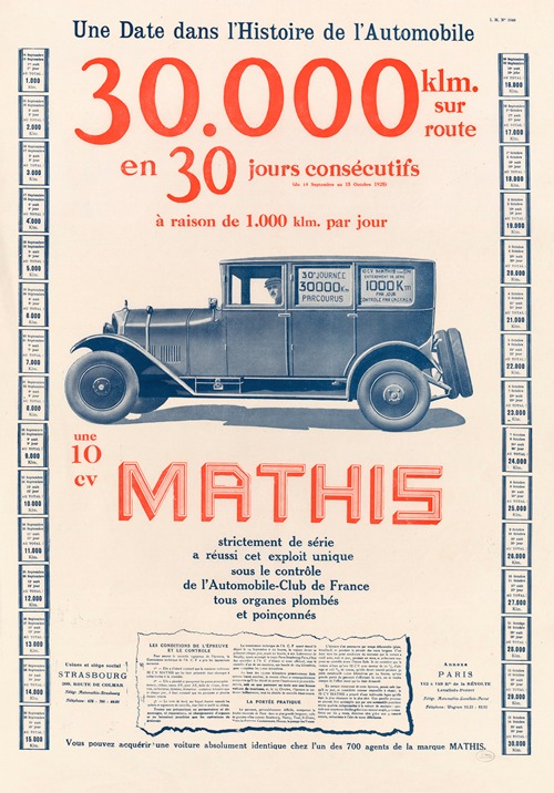 Une 10 CV Mathis, une date dans l’Histoire de l’Automobile, 30.000 km sur route en 30 jours consécutifs, à raison de 1.000 km par jour