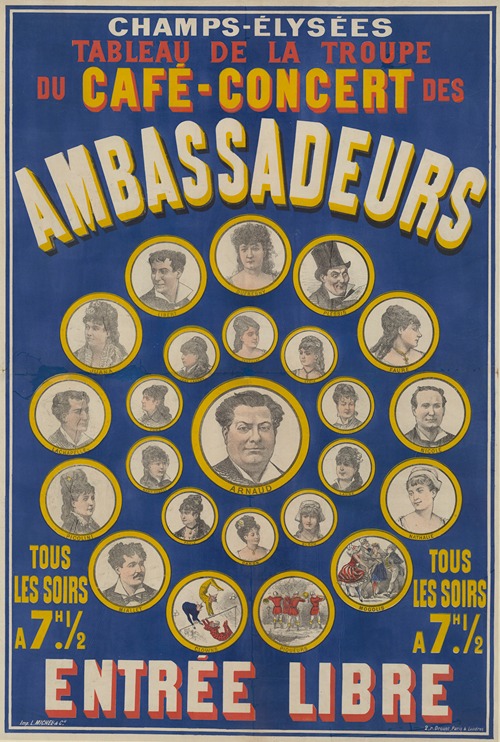 Champs-Elysées. Tableau de la troupe du Café-concert des Ambassadeurs – tous les soirs à 7h 1-2. Entrée libre