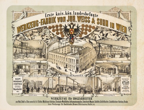 Werbelithographie der Holzwerkzeugfabrik Johann Weiss & Sohn, 5., Margaretenstraße 65