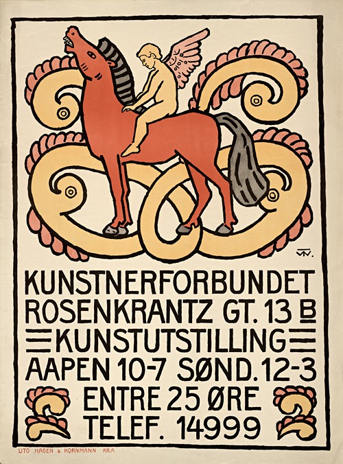 Kunstnerforbundet, Rosenkrantz gt. 13 B – Kunstutstilling – aapen 10-7. Sønd. 12-3. Entre 25 øre. Telef. 14999
