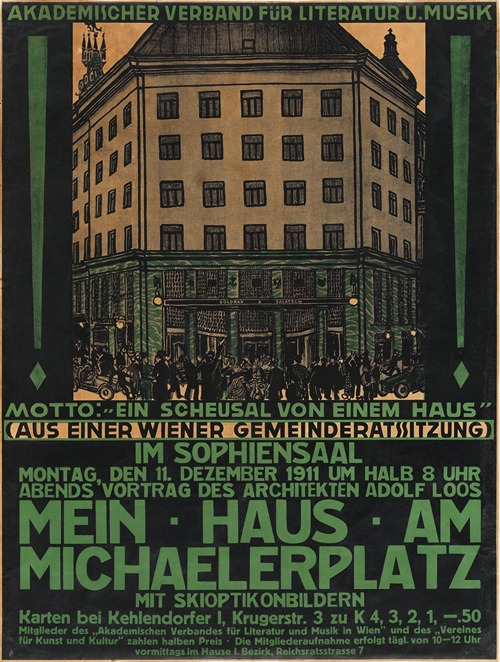 Plakat für den Vortrag ‘Mein Haus am Michaelerplatz’ von Adolf Loos am 11. Dezember 1911