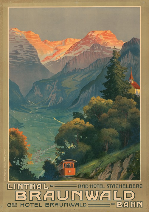 Linthal-Braunwald-Bahn. Bad-Hotel Stachelberg und Hotel Braunwald