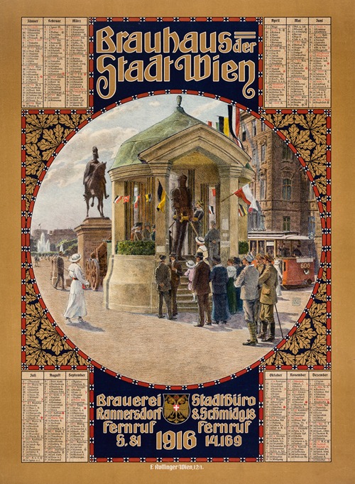 Wandkalender des Brauhauses der Stadt Wien für das Jahr 1916 mit Darstellung des ‘Wehrmannes in Eisen’