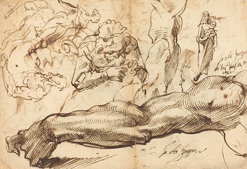 Studies of a Left Arm, a Young Woman, a Madonna and Child, a Face in Profile and Nude Figures