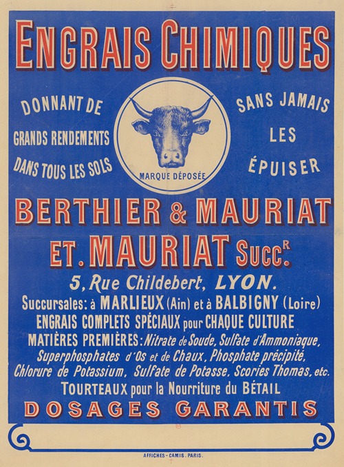 Engrais chimiques, Berthier & Mauriat. Et Mauriat succr, 5 rue Childebert, Lyon