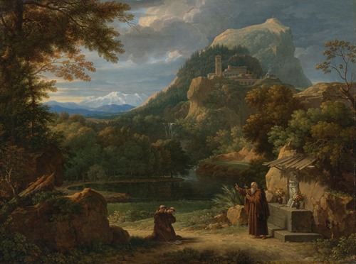 Saint Anthony Of Padua introducing Two Novices To Friars In A Mountainous Landscape