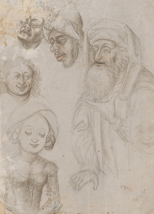 Study sheet with two half-figures and four heads