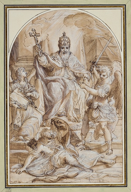 A pope enthroned and flanked by an angel with a book and St Michael slaying a Turk