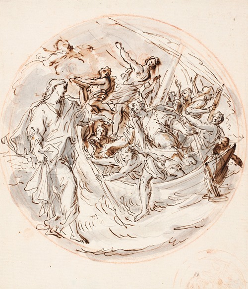 Tondo with Christ bidding Peter to walk on the water, and a fragment of smaller sketch for the same