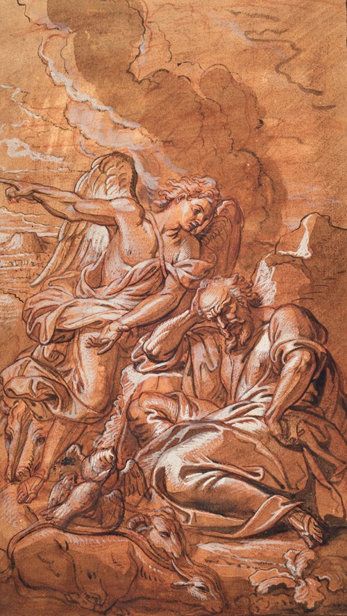 En engel kommer til en sovende eller grublende mand, der omgivet af får, kvæg og duer, sidder i et øde landskab. Englen vækker Elias i ørkenen, 1641 – 1806