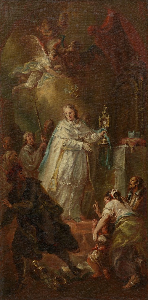Sakramentswunder; Ein Priester vertreibt einen Ketzer mit dem emporgehobenen Allerheiligsten vom Altar