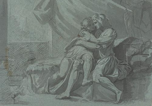 Embracing Lovers in Classical Dress – A Woman in Classical Dress Looking Up