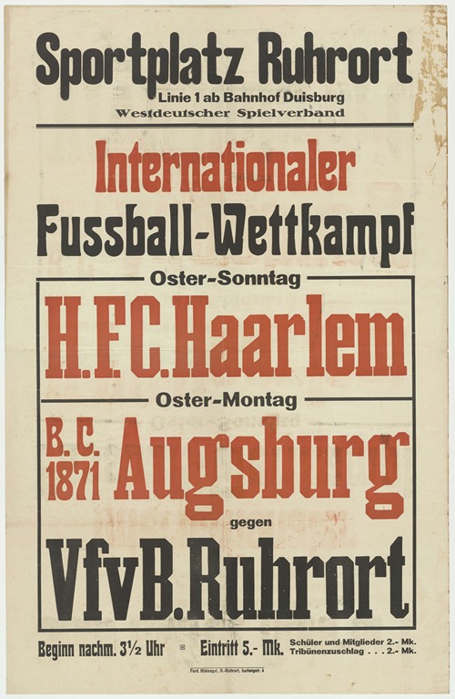 Internationaler Fussball-Wettkampf H.F.C. Haarlem, B.C. Augsburg, VfvB. Ruhrort