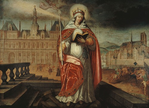 Sainte Geneviève, patronne de Paris, devant l’Hôtel de Ville; à droite, les Huns repoussés