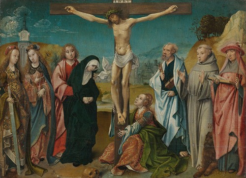Christ on the Cross, with Mary, John, Mary Magdalene and Sts Cecilia and Barbara (left) and Peter, Francis and Jerome (right)