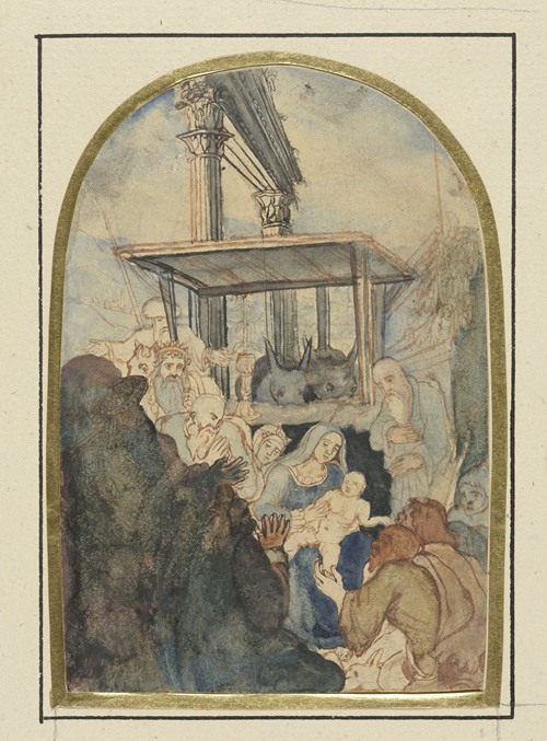 Studie voor een aanbidding der koningen, op de achtergrond een ruïne met twee Corinthische zuilen