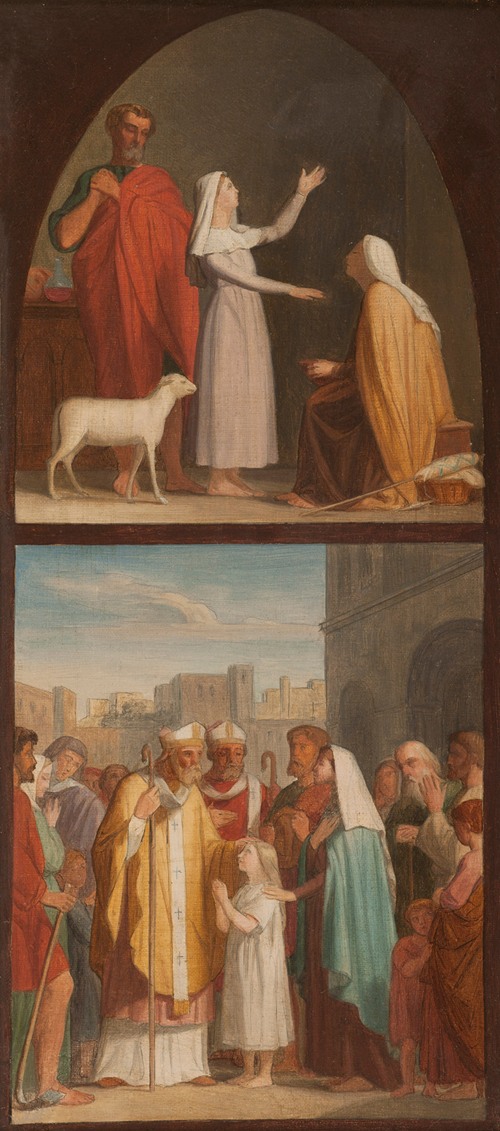 Sainte Geneviève guérit sa mère aveugle. Saint Germain d’Auxerre et saint Loup prédisent aux parents de Sainte Geneviève la destinée de leur fille